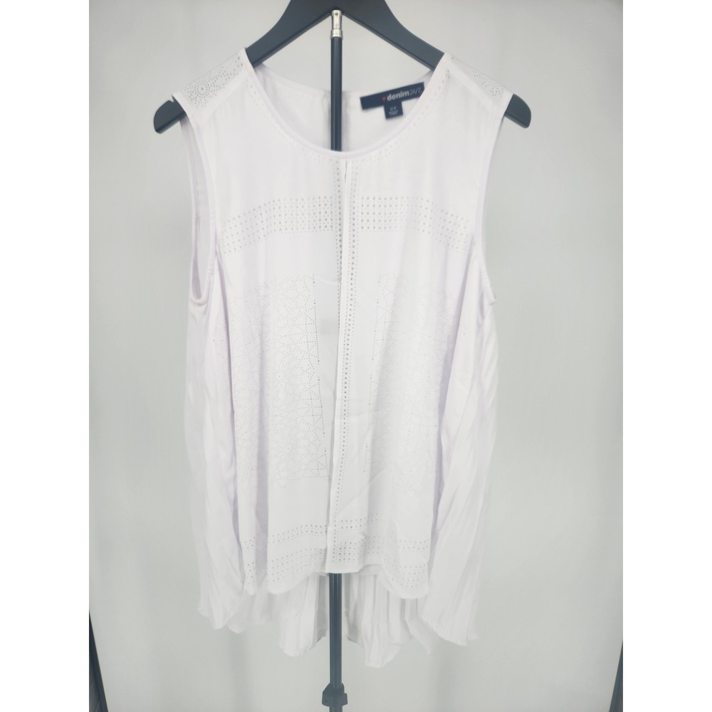 Denim 24/7 White Laser Cut Eyelet Pleated Back Sleeveless Blouse 16W High Low